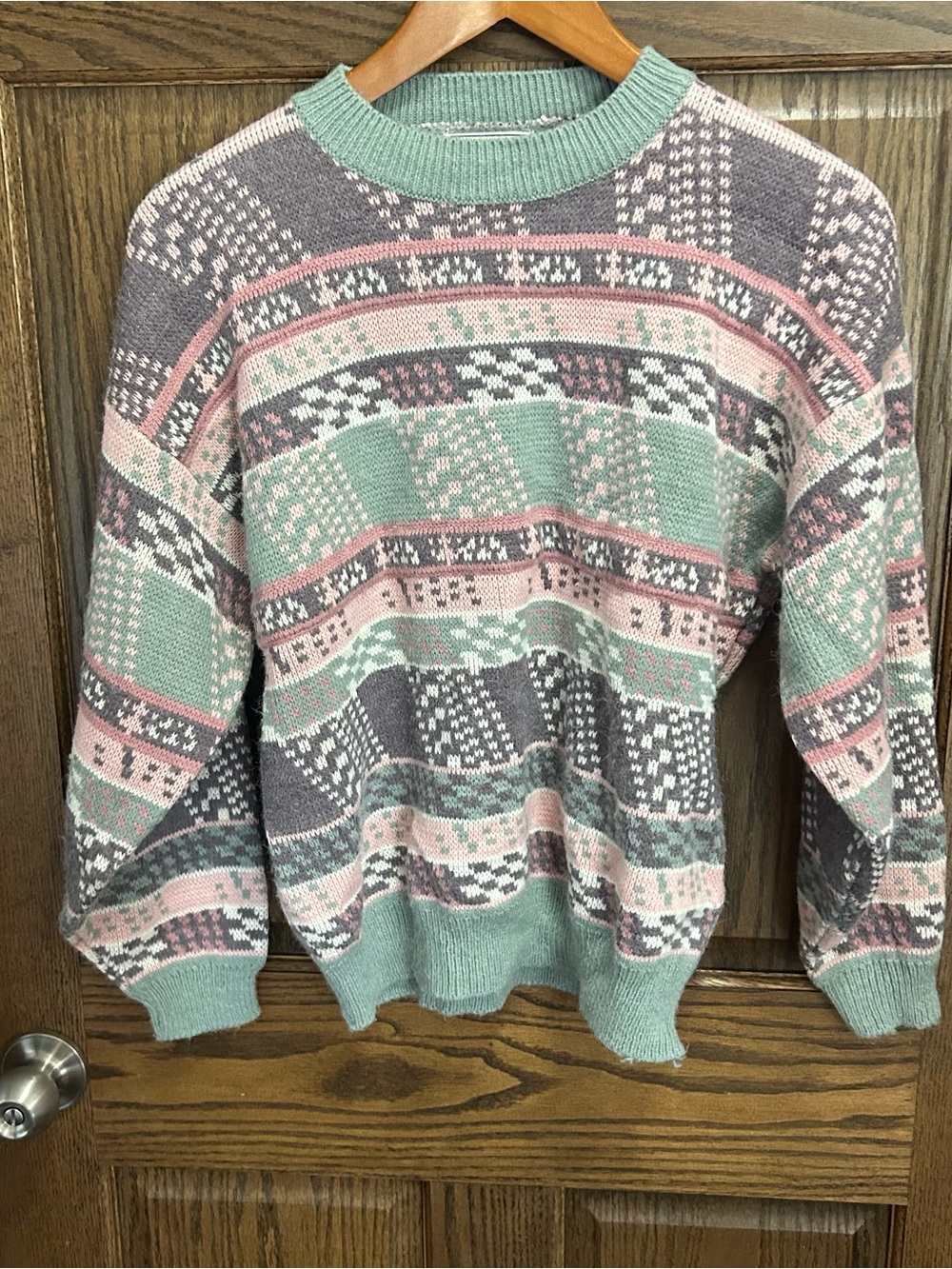 Pastel Patterned Crewneck Sweater in Mint, Pink & Gray